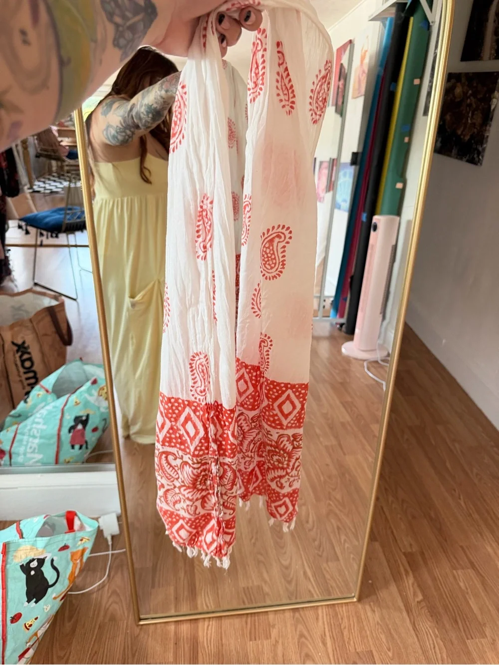 Women’s White & Red Printed Lightweight Scarf Pants Cover-Up